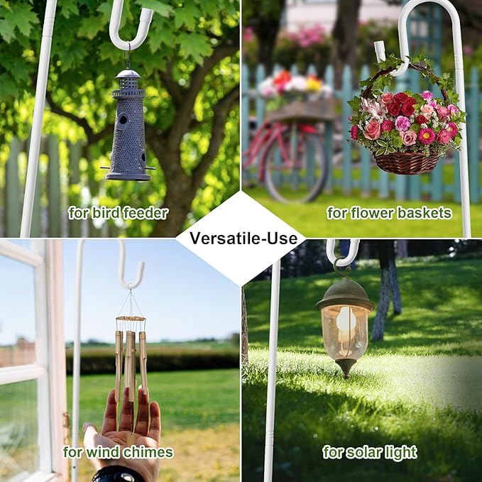 Hummingbird Feeder Pole for Outdoors - Heavy Duty Bird Feeder Stand with Adjustable Stake,62" Rustproof Shepards Poles with Hangers Holder for Birdfeeder,Wind Chimes,Lanterns,Wreaths,White