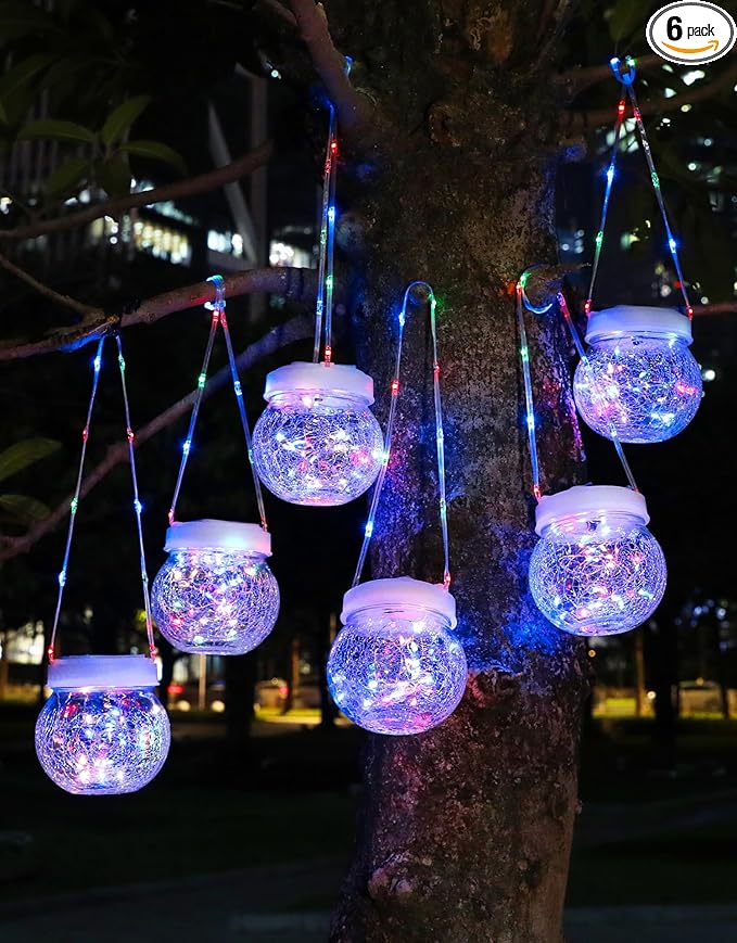Solar Lantern Solar Lights Outdoor Waterproof 6-Pack, Solar Powered Hanging Lights Cracked Glass Hanging Globes for Christmas Decoration, Shepherd Hook, Garden Tree Ornaments,White Cap, Multi-Color