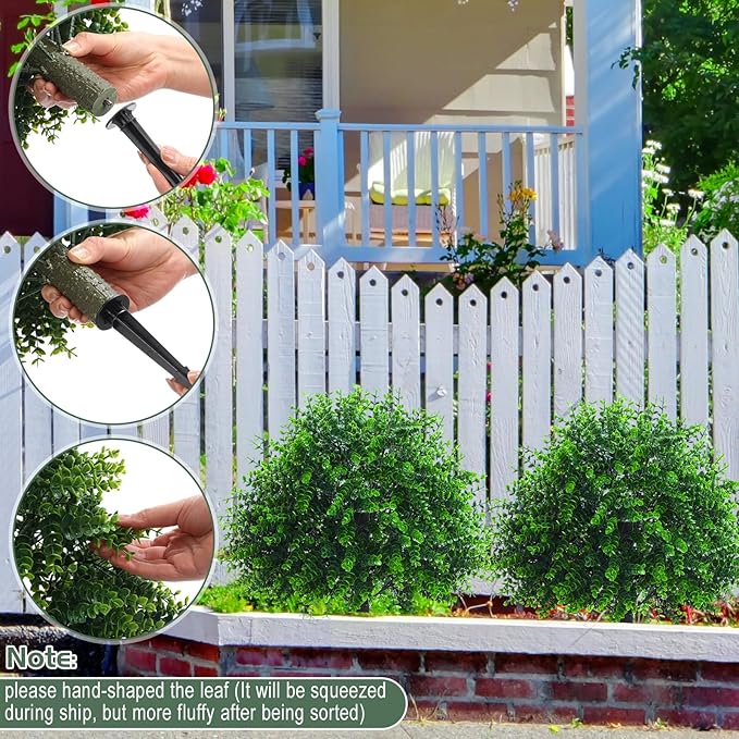 Yunlly 10 Pcs 18 Inch Artificial Boxwood Ball Topiary Tree Fake Outdoor Plants Bush, UV Resistance Faux Shrubs with Spike Realistic Greenery Potted for Indoor Garden Yard Porch Patio Decor (Green)