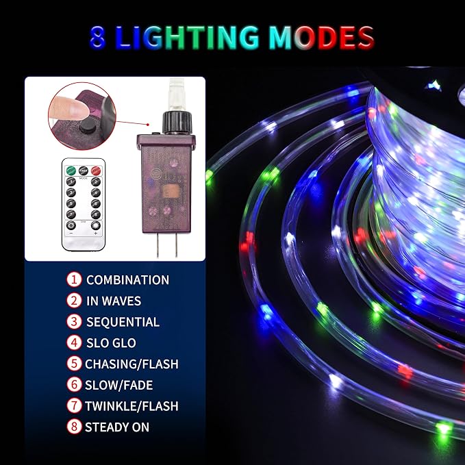 LED Rope Lights for Outside 50Ft Waterproof Led Rope Lighting 214 LEDs 110V 8 Modes Remote Control Timer Led Strip Light for Indoor Outdoor Party Holiday Garden Decoration (Multicolor)