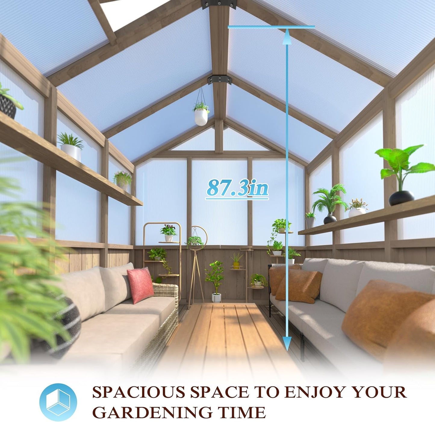 8x14 FT Outdoor Greenhouse Kit, Wooden Greenhouses for Outdoors Walk-in Green House with 6MM Thick Polycarbonate Panel & Adjustable Roof Vents, Backyard Garden, Light Mocha Brown