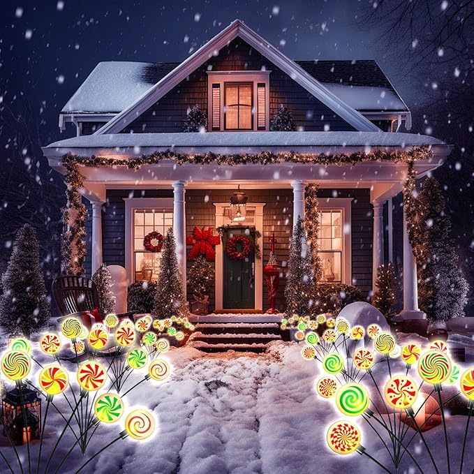 4 Pack 8 Patterns Christmas Decorations with 32 Lollipop Christmas Lights, Solar Christmas Lights Outdoor Waterproof with 8 Modes, Christmas Peppermint Candy Pathway Yard Decor for Garden/Lawn/Patio