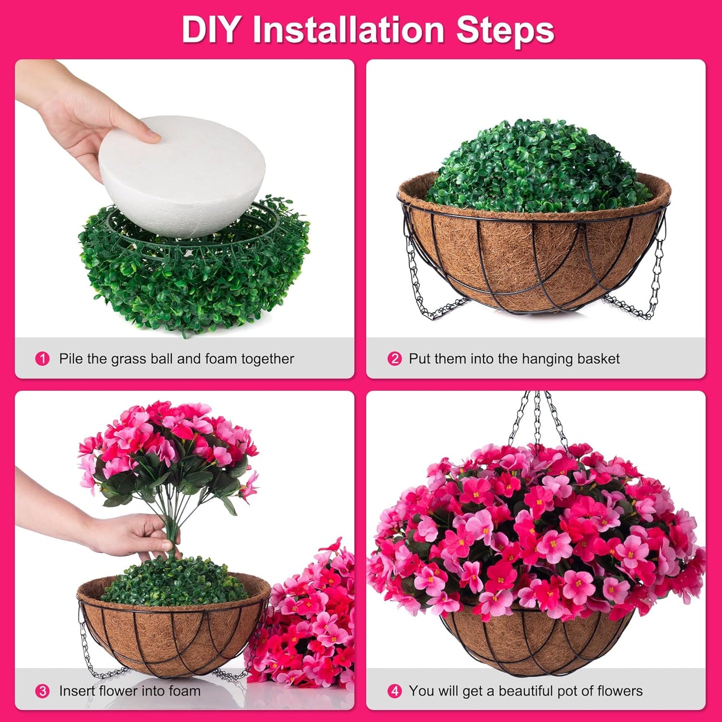 Artificial Hanging Flowers with 12" Basket for Outdoor Decor, Fake Hydrangea UV Resistant Arrangements in Pot Indoor Porch Garden Yard Spring Summer Decor(Double Rose)