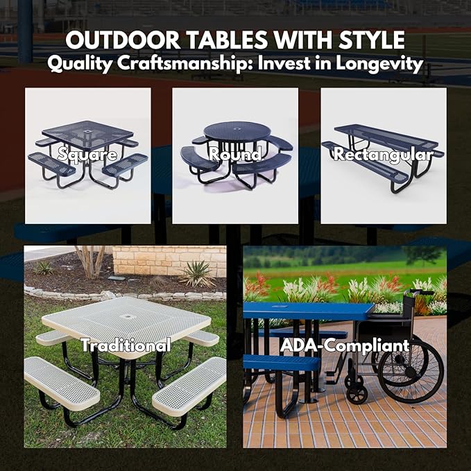 Coated Outdoor Furniture Heavy-Duty Portable Outdoor Picnic Table, Thermoplastic Coated Expanded Metal Commercial-Grade Patio Dining Furniture Made in America (8ft Rectangular, Grey)