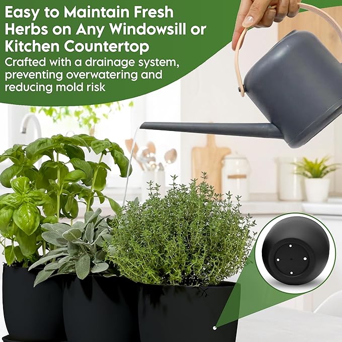 Indoor Garden Kit - Plant Pots with Drainage, Watering Can & Tools - Ideal Windowsill Planter Set - Modern Home & Kitchen Decor Gift - White