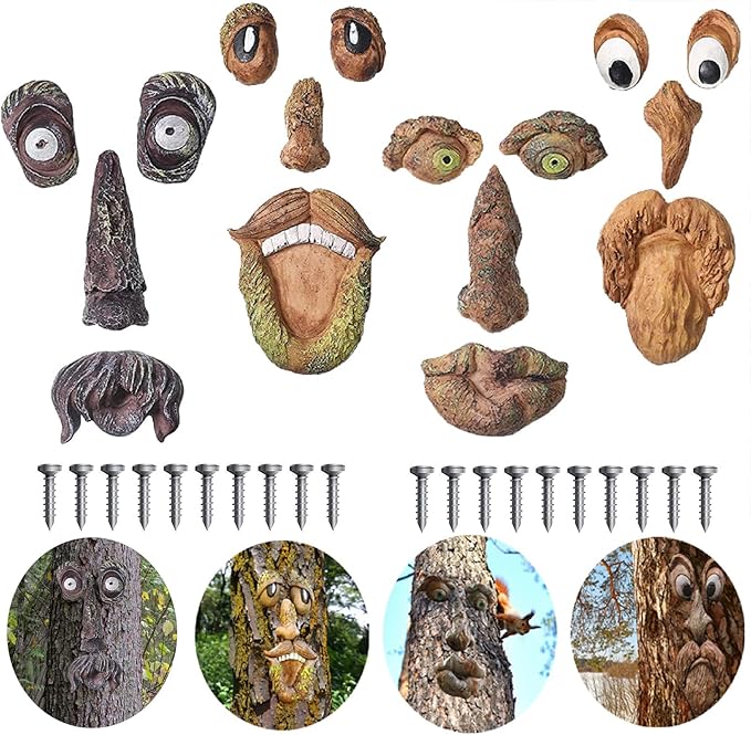 4 Pack Tree Faces Decor Outdoor with 20 Screws, Tree Face Outdoor Statues Old Man Tree Hugger Bark Ghost Yard Art Garden Decoration, Tree Decorations Outdoor for Halloween Easter