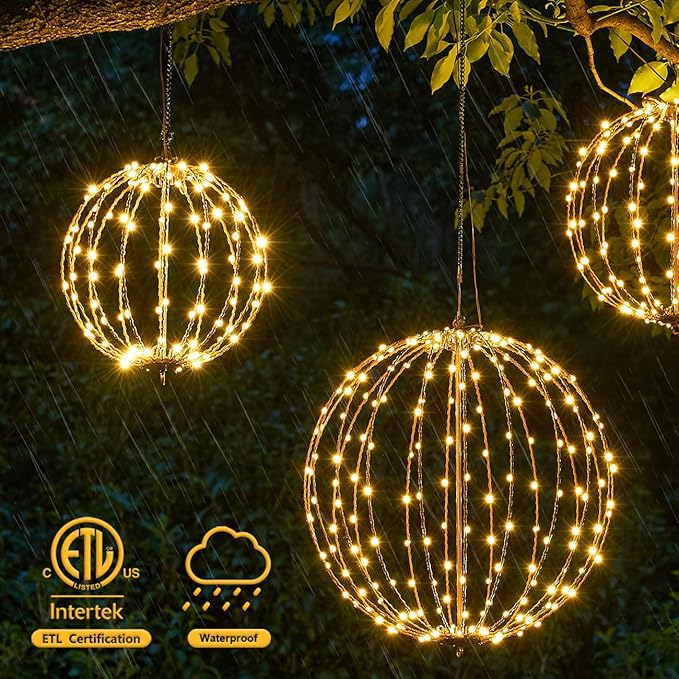20IN Foldable Metal Frame Light Sphere - 200LED Hanging Tree and Pathway Light with Hook and Stake, UL Listed, White Frame, Warm White