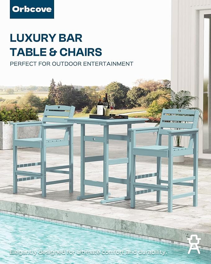 3-Piece Bar Height Outdoor Table and Chairs Set, HDPE Wood Grain Patio Bar Table and Chairs with Heart Cutout Design, Weather-Resistant Bar Height Furniture for Deck, Porch, Pool (Light Blue)