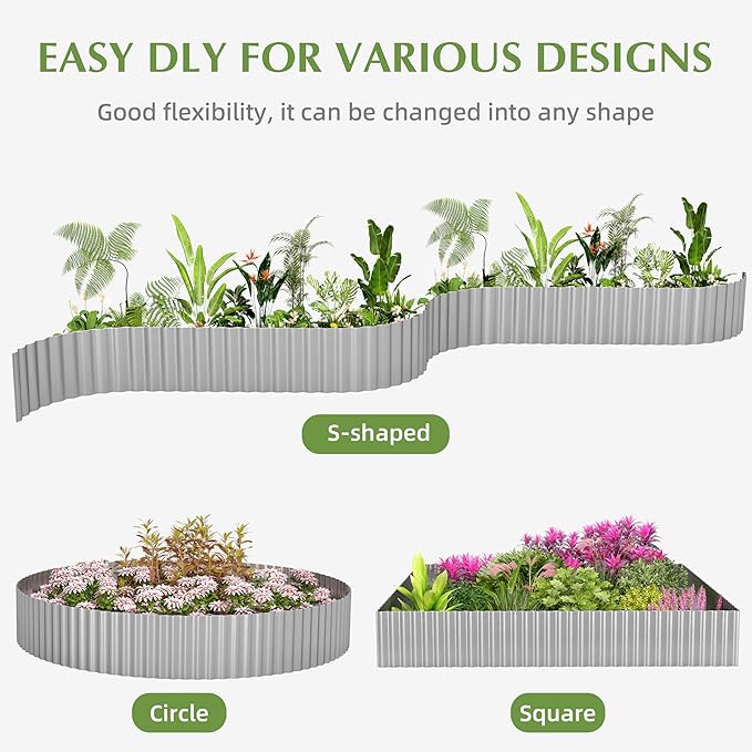 Metal Garden Edging Border, Corrugated Steel Landscaping, DIY for Lawn (Silver, 10 Inch x 20FT)