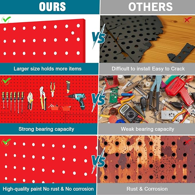 4 Pack Steel Peg Board,Universal 1/8 and 1/4 Pegboard Accessories,Ideal for Garage Tool Storage, Office Organization, Craft Room, Kitchen etc. (Red, 4-12X12)