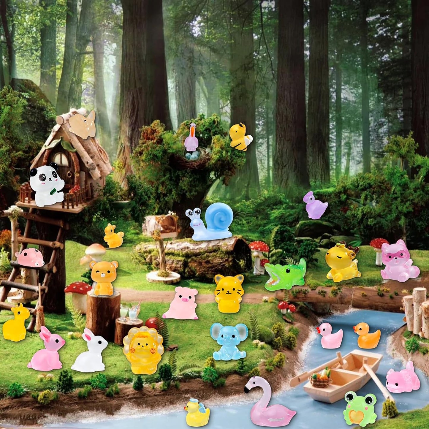 52Pcs Luminous Mini Resin Animals 52 Styles Miniature Glow in the Dark Resin Animal Figures to Hide Tiny Small Little Ducks Turtles Dinosaurs and Frogs for Micro Landscape Dollhouse Fairy Garden Decor