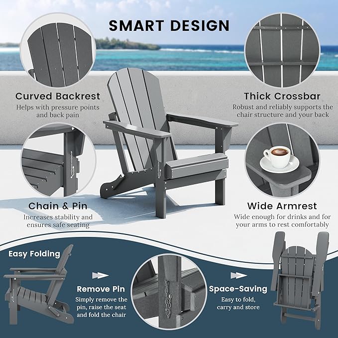 Westin Outdoors Laguna WO Outdoor Adirondack Folding Patio Chairs 8 PCS Set Retro Beach Aesthetic for Backyard, Lawn, Patio, Deck, Garden, Weather Resistant Polyethylene Plastic Lounger (Gray)