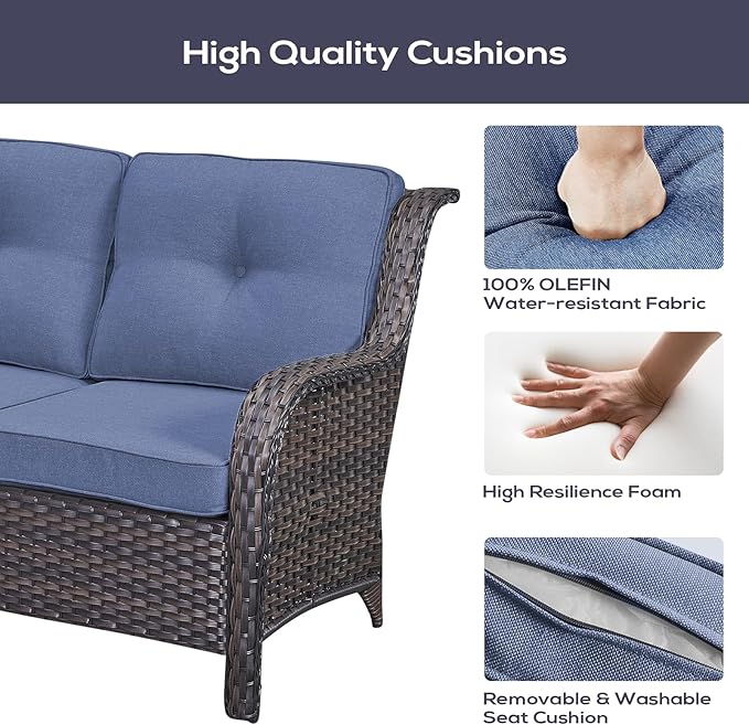 Outdoor Patio Furniture Set with Propane Fire Pit Table, 7 Pieces Wicker Patio Conversation Set with 2 Swivel Glider Rocker Chairs Rattan Sofa Blue Cushion Perfect for Casual Gathering