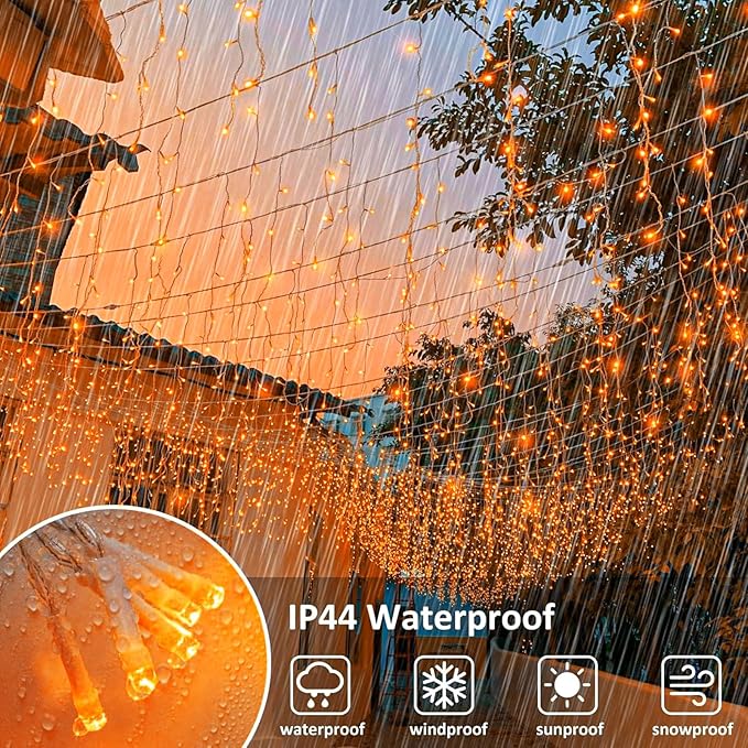 Icicle Lights for Outside, 33FT 400 LED Christmas Lights with 8 Modes Waterproof, Plug in Connectable Curtain Hanging Lights for Outdoor Indoor House Roof Party Wedding, Orange