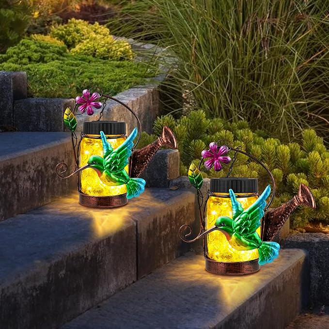 2 Pack Solar Lanterns Outdoor Waterproof Kettle Hanging Solar Lantern, Watering Jar Outdoor Solar Lanterns with Hummingbird Decor for Yard Garden Tree