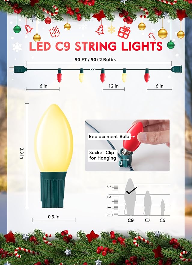 Vintage C9 LED Christmas Lights Outdoor, 50 Feet C9 String Lights with 50 Shatterproof Matte Bulbs, Connectable Waterproof Lights for Holiday Party Roofline Backyard Garden Patio, R & Warm White