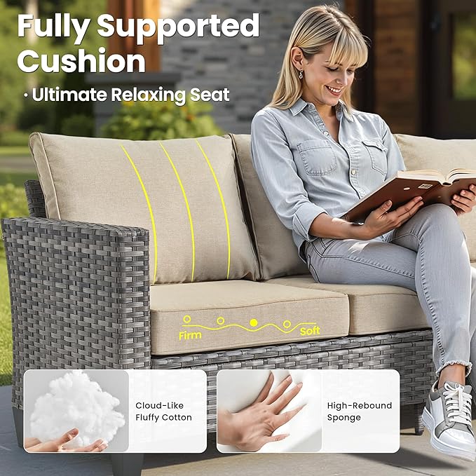 ovios 6 Pieces Patio Furniture Set with 42" Fire Pit Table, Outdoor Wicker Sofa with Comfy Cushions, All Weather High Back Rattan Couch Conversation Set, Beige