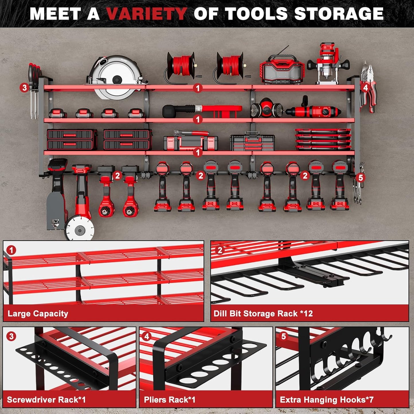 48" Large Power Tools Organizer Wall Mount,12 Drill Holder for Garage, Workshop Heavy Duty Storage Rack (Red)