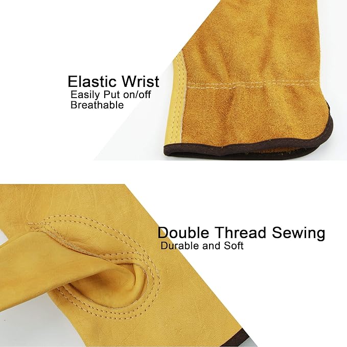 OZERO Leather Work Gloves Flex Grip Tough Cowhide Gardening Glove for Wood Cutting/Construction/Truck Driving/Garden/Yard Working for Men and Women 1 Pair (Gold,Small)
