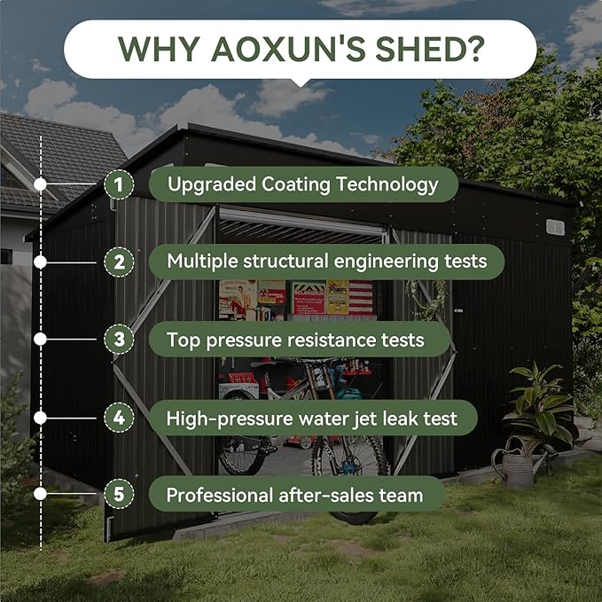 Aoxun 12' x 7.3' Shed 441 CU.FT Outdoor Waterproof Storage Shed with Triple Lockable Door Garden Metal Tool Shed for Outside (Black)