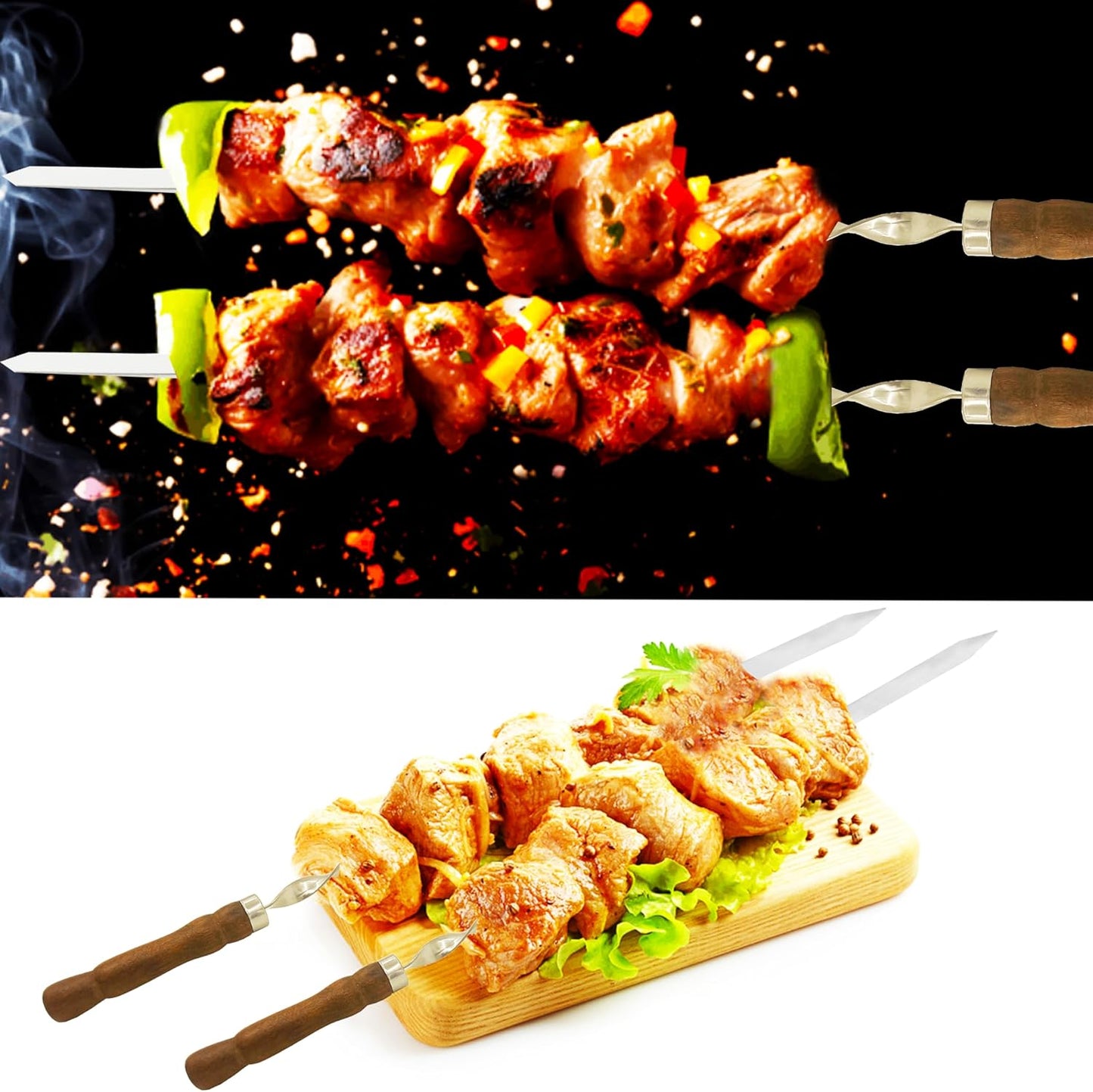 23.6 Inch Skewers for Kabobs 0.62 Inch Wide Kabob Skewer 8PCS Reusable Metal Skewers for Grilling Long Kebab Skewer Large Heavy Duty BBQ Sticks Stainless Steel Barbecue Sticks with Oak Handle