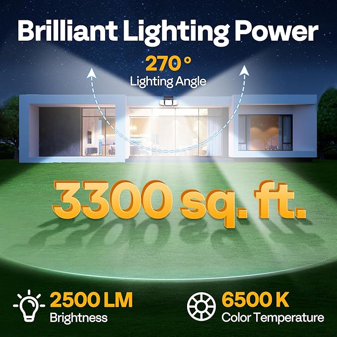 VIVOHOME Linkable Solar Flood Lights Outdoor, 2 Adjustable Motion Sensors Security Lights with 3 Heads, 2500LM, IP65 Waterproof, Solar Powered for Outside, Yard, Porch, Patio, 3 Pack
