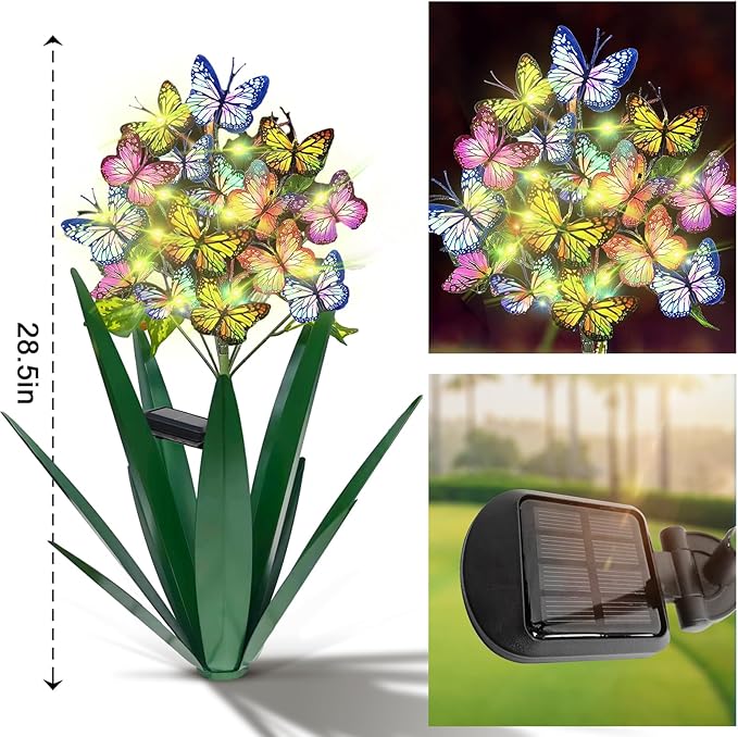 Homight Solar Metal Agave Butterfly Flower Stick Garden Sculpture - Outdoor Gift, Christmas Lights, Swaying Butterfly Sunflower Lights - Solar Outdoor (2 pcs Green)