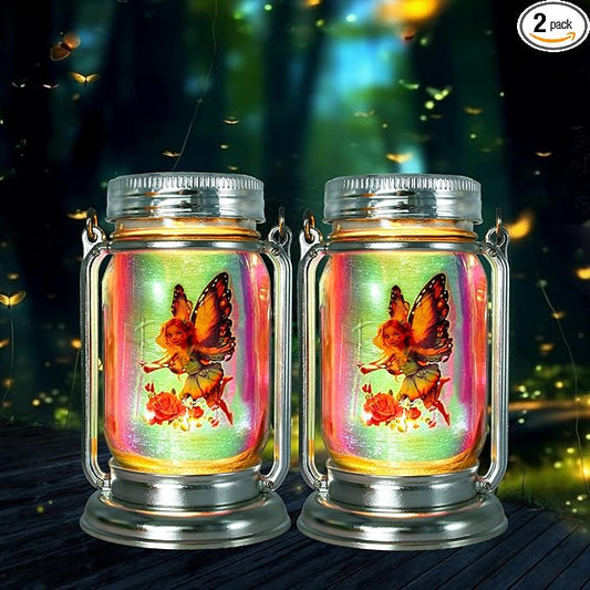 2 Pack Solar Fairy Lanterns for Garden Outdoor Decorations-Gifts for Mom Women Grandma,Outdoor Flower Fairies Silver Glass Mason Jars,Hanging Lamp with Stake for Home Yard Patio Lawn Party