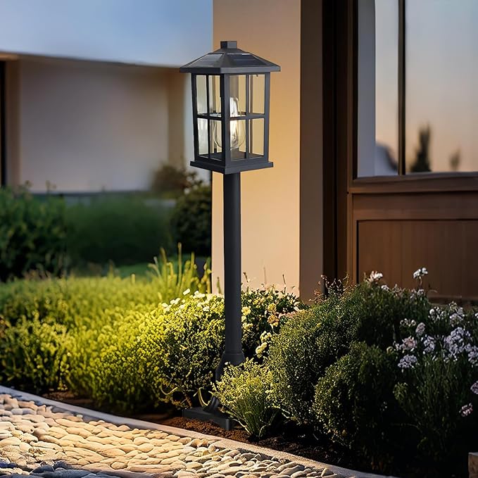 31" Solar Pathway Lights Outdoor, Dusk to Dawn Aluminum Lamp Post with Remote Control & Pole Mount Base - IP44 Waterproof, 3 Brightness Modes for Lawn, Patio, Driveway, Garden Decoration