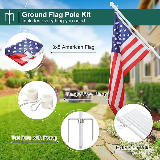 2 Pack Ground Flag Pole for Outside House - 8.5 FT Tangle Free Heavy Duty Flag Pole Kit with Windproof Stand,Outdoor Inground Flag Holder for Yard Garden, Includes Bonus 3x5 American Flag, White