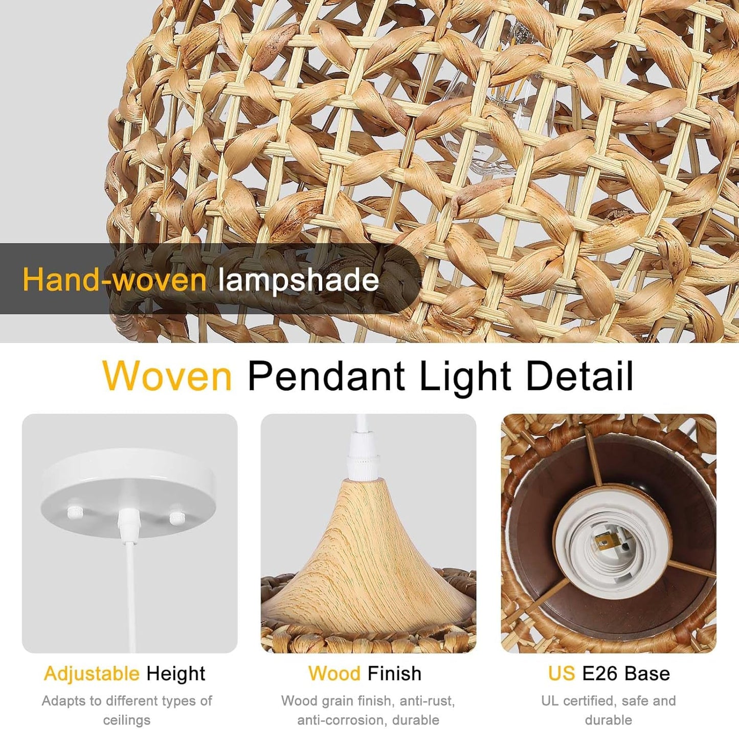 Boho Pendant Lights, 15.7" 1-Light Rattan Chandelier Hand-Woven Wicker Pendant Light with Water Hyacinth Shade, Coastal Dome Hanging Light for Dining Room Kitchen Island