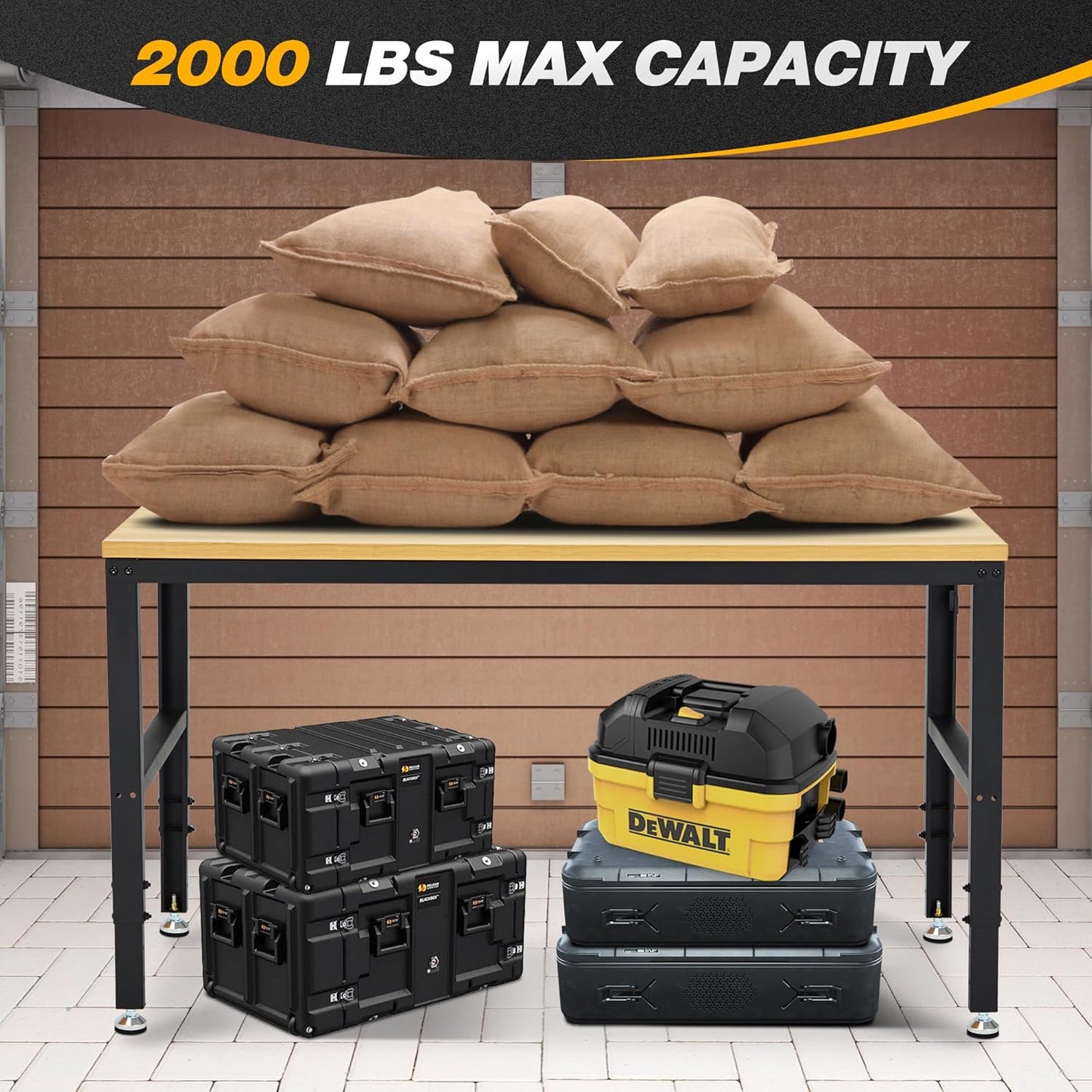 60” Adjustable Workbench，Heavy Duty Wood Work Bench 2000 Lbs Load Capacity,Work Table with Power Outlet for Garage, Workshop, Office, Home