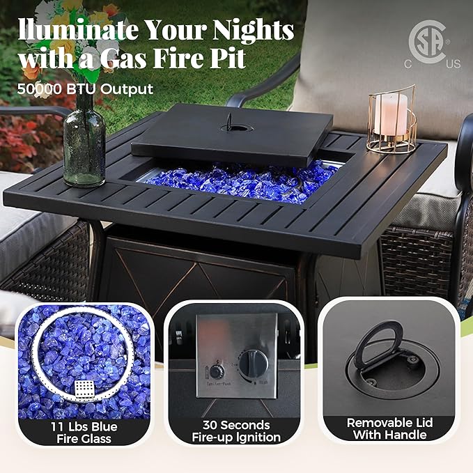 Patio Furniture Set with Fire Pit Table, 5 Pcs Metal Outdoor Conversation Set, 4 Rocking Chairs with 5.75" Extra Thick Cushion and 28" Fire Pit Table for Backyard Deck, Green Blue