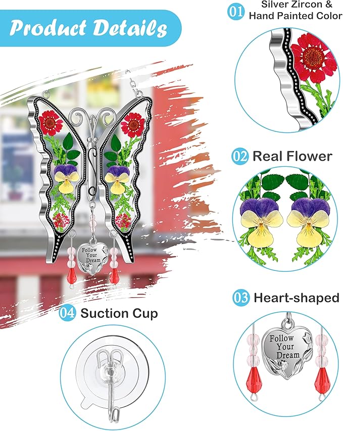 KY&BOSAM Butterfly Suncatcher Follow Your Dream Gifts for Mother Pressed Flower Between Wings Glass Hanging for Windows Charm Birthday Gifts for Women Mother's Day Valentine's Thanksgiving Christmas