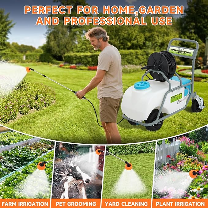 24 Gallon Battery Powered Sprayer,90 PSI Electric Pump,6 Hours Long Battery Life,12V 8Ah Battery,Adjustable HD Wand and 10 Nozzles,Portable Sprayer with Wheels for Lawn & Garden Spraying, Cleaning