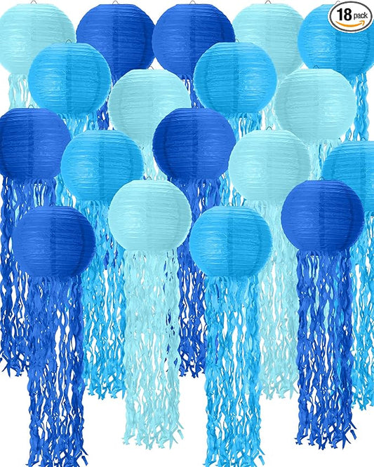 18 Pcs Jellyfish Paper Lanterns Mermaid Birthday Decorations Hanging Lantern Lamps for Ocean Theme Decor Under The Sea Party Supplies (Blue)