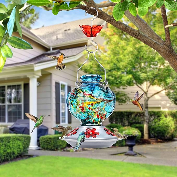 BOLITE Hummingbird Feeder, Hand Blown Glass Hummingbird Feeders for Outdoors Hanging, with Ant Moat and 5 Feeding Ports, 22 Ounces, Peony Flower Shape, Blue, Gifts for Women Men, Gifts for Mom Dad