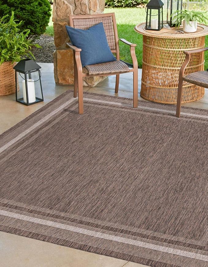 Unique Loom Outdoor Border Collection Area Rug - Soft Border (13' Square, Brown/ Ivory)