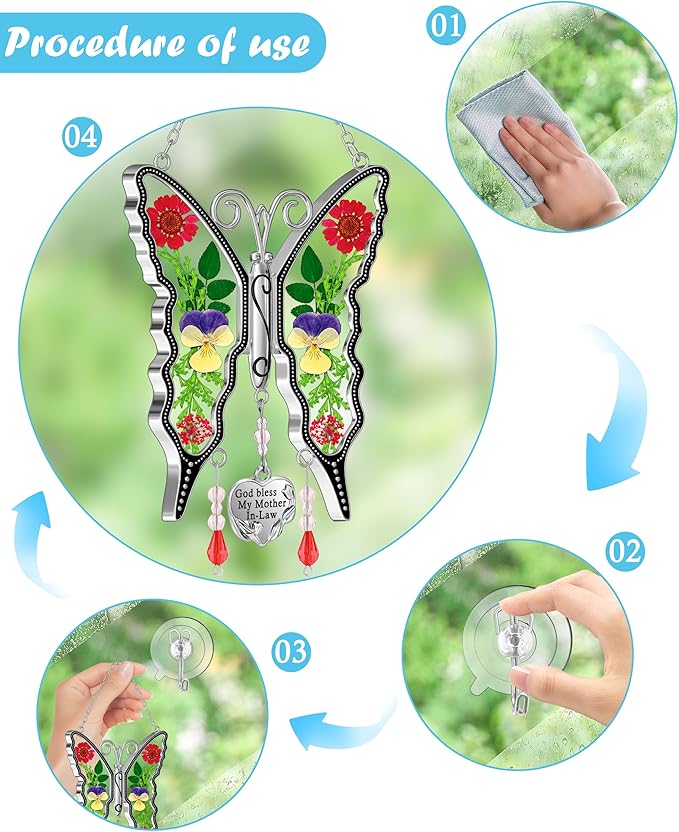 KY&BOSAM Butterfly Suncatcher God Bless My Mother-in-Law Gift Stain Glass Suncatchers for Window Hanging Wind Chime Home Ornament Mom Gift for Mother`s Day Valentine's Birthday Thanksgiving Christmas