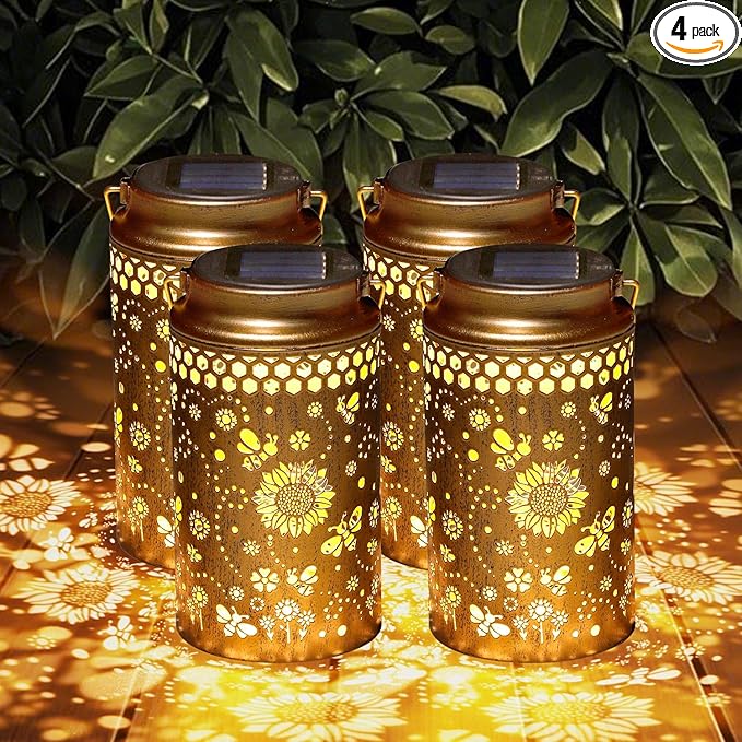 4 Pack Bee Solar Lanterns Outdoor Waterproof, Metal Hanging Lights Decorations for Garden Yard Lawn Patio, Bee Gifts for Women Mom Grandma Aunt Mother in Law Christmas