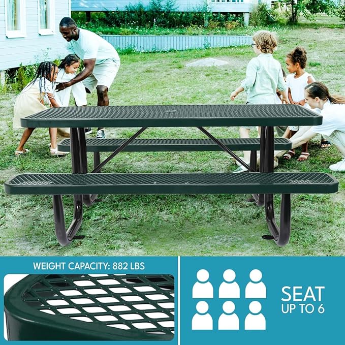 6 ft. Rectangular Outdoor Steel Picnic Table with Umbrella Pole, Heavy-Duty Weather-Resistant Dining Table for Patio, Backyard, and Garden, Rust-Resistant Finish, Green