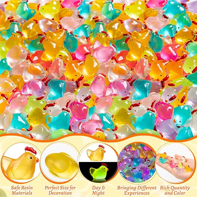 128PCS Luminous Mini Resin Chickens Miniature Animals, Tiny Chickens Miniature Figurines Glow in The Dark for Micro Garden, Potted Plant, DIY, Home Outdoor Party Decor (8 Colors)