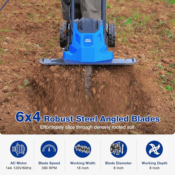 BILT HARD 14-Amp 18-Inch Electric Tiller Cultivator, 8'' Tilling Depth Corded Garden Rototiller, 6 Steel Front Tines Roto Tillers with Adjustable Wheels & Foldable Handle for Garden Lawn Soil Digging