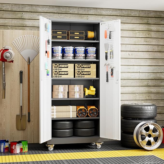71" H×32" W×16" D Garage Storage Cabinet with Wheels & Pegboard, Locking Metal Storage Cabinet with Doors and 5 Adjustable Shelves & & 4 Hooks for Garage Warehouse Home Office, White and Gray