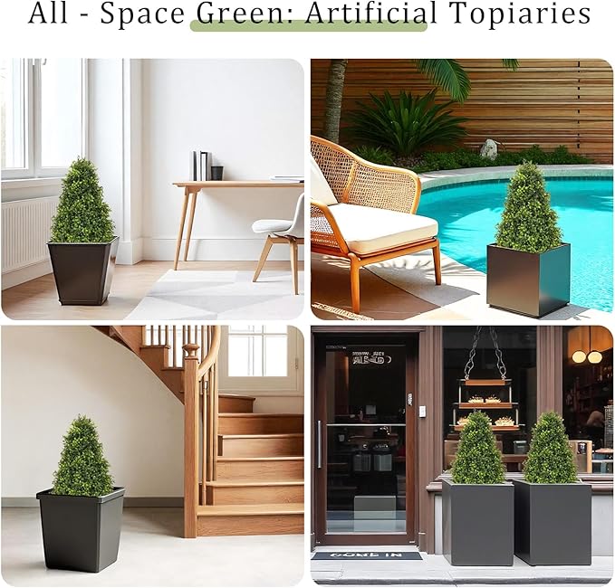 30" Artificial Boxwood Faux Plants Outdoor, UV Resistant Topiary Trees Realistic Cone-Shaped Fake Bushes and Shrubs Potted Fakeplants Set of 2 for Front Porch Patio Outside Planter Decor