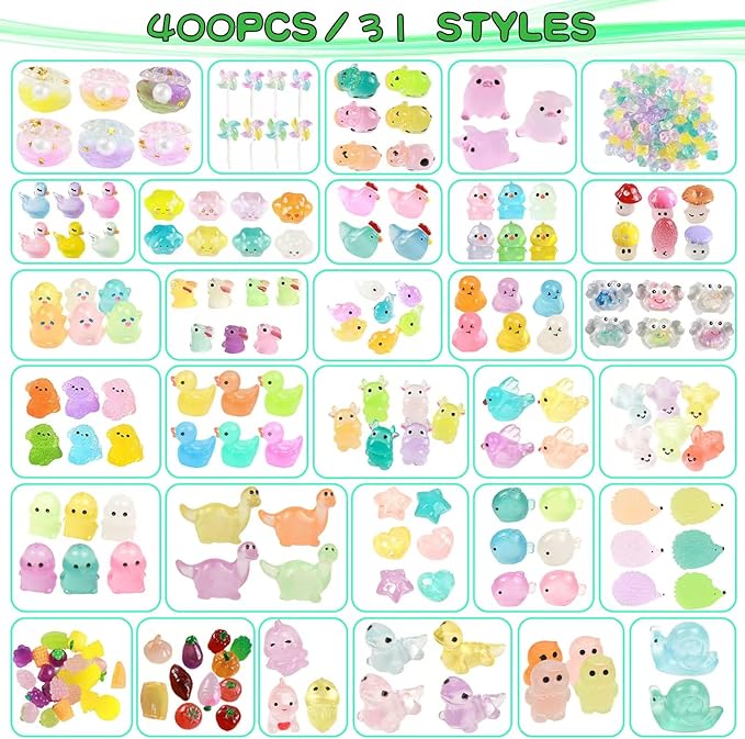 400pcs Luminous Mini Resin Animal in The Dark Tiny Miniature Figures Ornament Duck Frog Mushroom Owl Dog Rabbit Crab Dolphin Shell Fairy Garden Accessories Aquarium Landscape Bonsai Decor