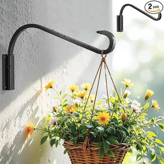 16 Inch 2 Pack Plant Hangers for Indoor/Outdoor Wall Mount - Heavy Duty Hanging Plant Holder & Bird Feeder Hooks, Decorative Black Metal Wall Hangers for Plants, Flower Baskets