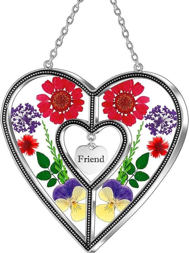 KY&BOSAM Heart Suncatcher Friend Stained Glass Hangings for Windows Real Flower Glass & Metal Maker Sun Catchers Birthday Gifts for Frined Home Party Backyard Indoor Outdoor Decor Christmas Ornament