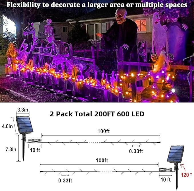 2-Pack 200FT Halloween Solar String Lights for Outside, 600 LED Extra-Bright Solar Light Outdoor with 19 Modes & Timer, Waterproof Fairy Solar Lights for Garden Patio Tree Decorations Orange & Purple
