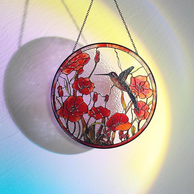 7.8'' Hummingbird Suncatcher Stained Glass Suncatchers - Originally Designed Hummingbird Red Poppies Ornament for Sun Catcher Indoor Window | Gifts for Hummingbird Lovers Painted Glass Panel Decor